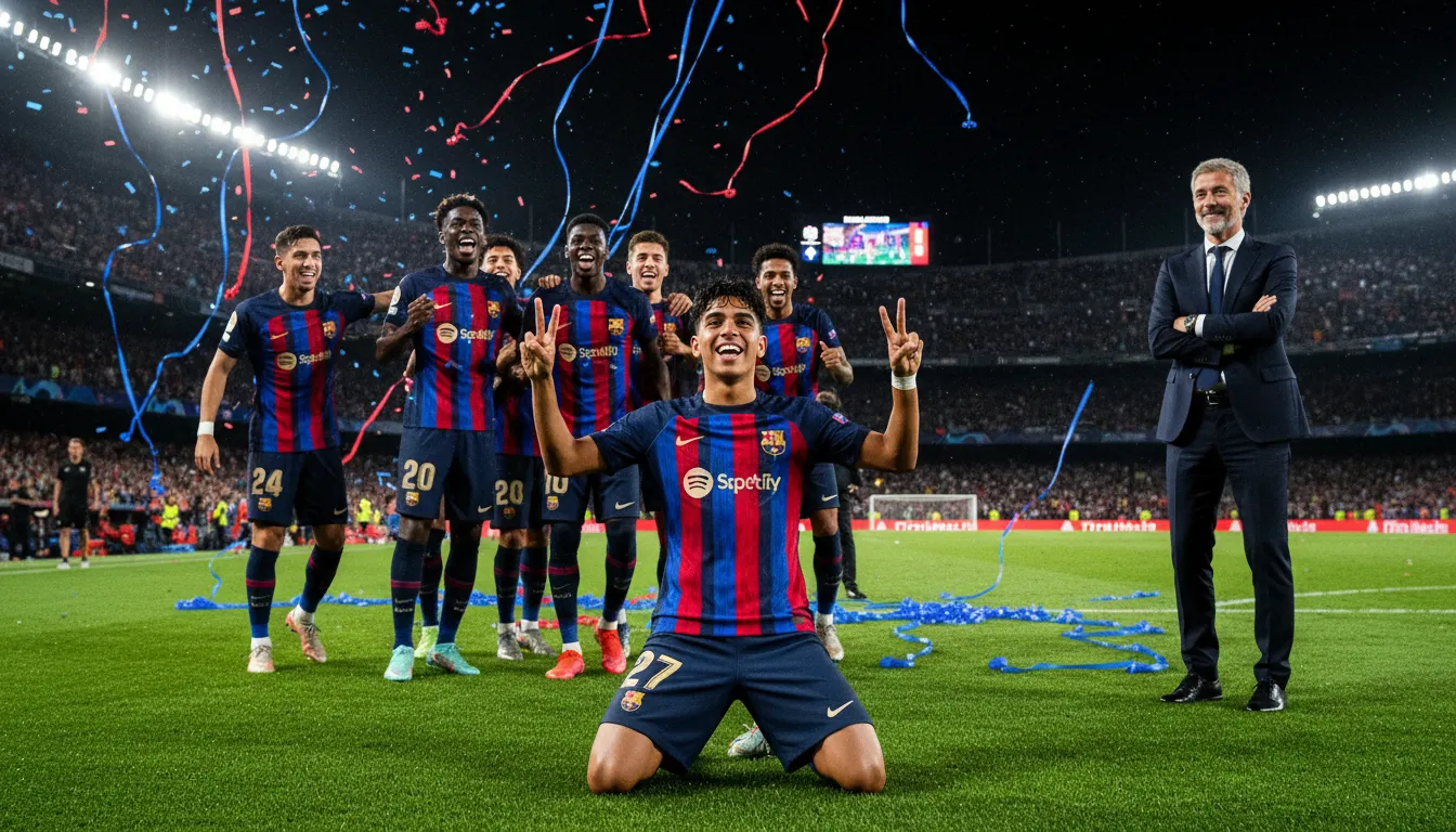 El primer triplete de Yamal corona el partido número 100 de Flick